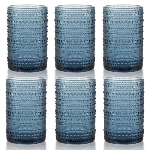 Hobnail İçecek Bardakları, 6 Highball Bardağı, 368 ml, Kabartmalı Eski Moda Züccaciye, Su, Şarap, Bira, Meyve Suyu için, Karışık İçecek Takımı (Peygamber Çiçeği Mavisi)
