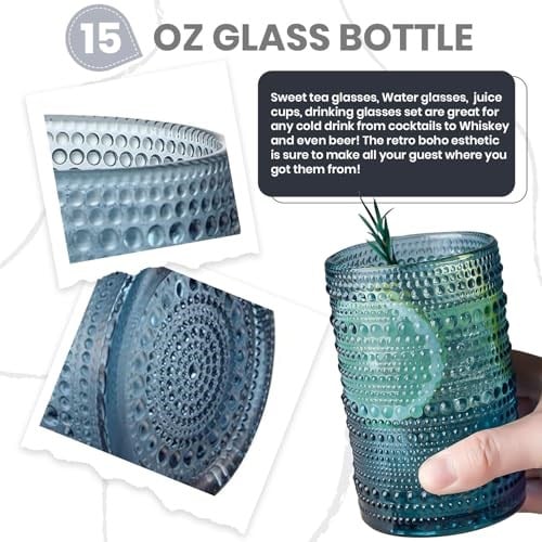 Hobnail İçecek Bardakları, 6 Highball Bardağı, 368 ml, Kabartmalı Eski Moda Züccaciye, Su, Şarap, Bira, Meyve Suyu için, Karışık İçecek Takımı (Peygamber Çiçeği Mavisi)