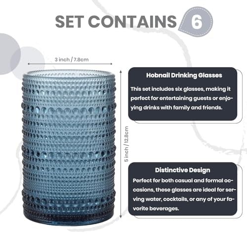 Hobnail İçecek Bardakları, 6 Highball Bardağı, 368 ml, Kabartmalı Eski Moda Züccaciye, Su, Şarap, Bira, Meyve Suyu için, Karışık İçecek Takımı (Peygamber Çiçeği Mavisi)