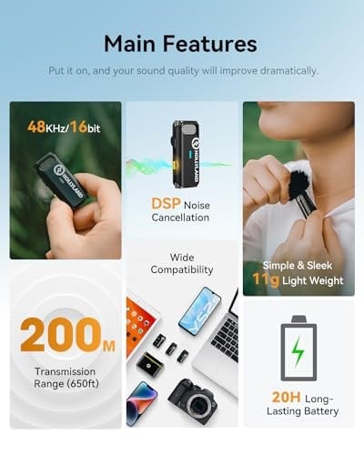 HollyView Hollyland Lark M1 kablosuz yaka mikrofonu, aktif gürültü azaltma, 200 m menzil, 8 saat pil ömrü, ultra mini taşınabilir, kablosuz takmalı mikrofon, DSLR kamera, iPhone, Android PC için (siya
