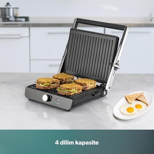 Homend Grilliant 1349H 4 Dilim Kapasiteli Gövdeli Döküm Plakalı Tost ve Izgara Makinesi Inox 2000W