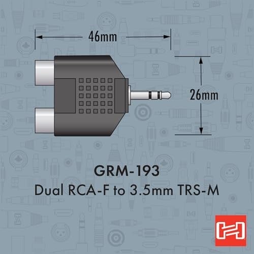 Hosa GRM-193, Adaptör, Dual RCA - 3,5 mm TRS - Seçenekler: RCA açı TS 0,64 cm (1/4 inç), RCA için XLR3F, RCA - 3...