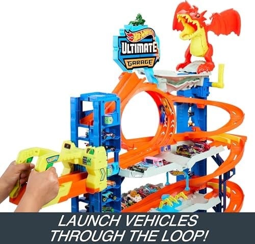 Hot Wheels 2 adet metal araba ile birlikte gelen, 50den fazla 1:64 ölçekli araba için saklama alanına sahip, 4 katlı oyun pisti içeren Hot Wheels Şehri Yeni Ultimate Garaj ile ejderhayı yen, HKX48