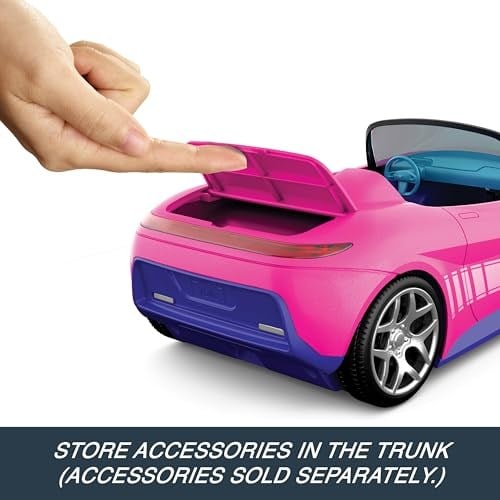Hot Wheels Barbie Cabrio RC Pembe Uzaktan Kumandalı Araba, Çıkartma Dahildir, İki Bebek ve Açılabilir Bagaj için Koltuk, Çocuk Oyuncağı, 4 Yaş, JBH05