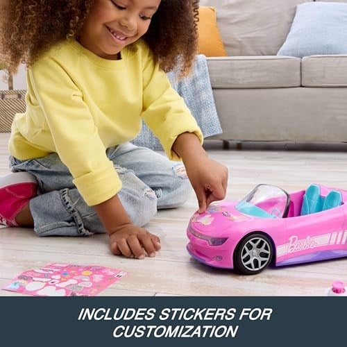 Hot Wheels Barbie Cabrio RC Pembe Uzaktan Kumandalı Araba, Çıkartma Dahildir, İki Bebek ve Açılabilir Bagaj için Koltuk, Çocuk Oyuncağı, 4 Yaş, JBH05