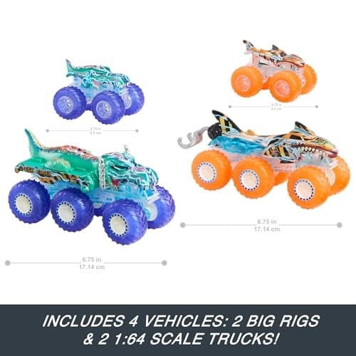Hot Wheels Monster Trucks Toy Truck & Big Rig Multipack, 1:64 Ölçekli Mega-Wrex & Tiger Shark ile Eşleşen Power Smashers Deco