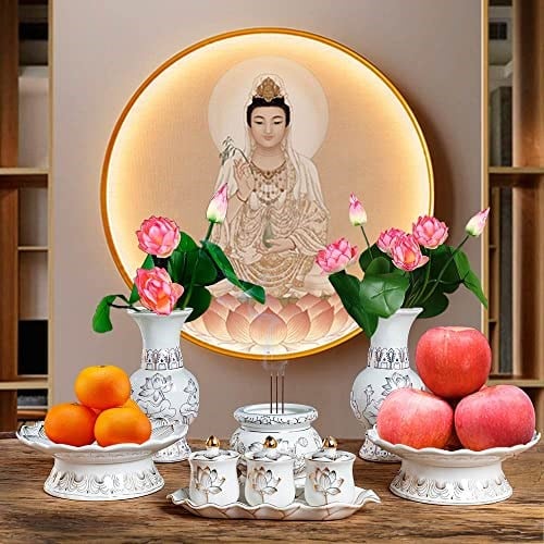 Houlu 3 Sunak Fincanı Seti, Seramik Kutsal Su Sunan Fincan, Tibet Budist İbadet Kupası (Beyaz)