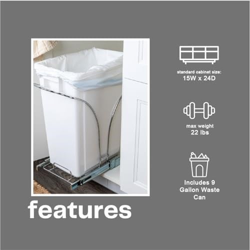 Household Essentials Glidez Krom Kaplama Çelik Çekme/Kaydırmalı Gizli Tekli 9 Galon Plastik Çöp Kovası Dolap Altı Kullanım için - Standart Boy Dolap,  - Seçenekler: 9 gallon, 5 gallon, 9 gallon double