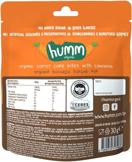 Humm Organic Glutensiz Vegan Havuçlu ve Tarçınlı Kek 2li paket