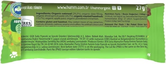 humm organic Organik Kayısılı Fındıklı Vegan Yulaf Bar 1 Paket(27 Gr x 1 Adet)