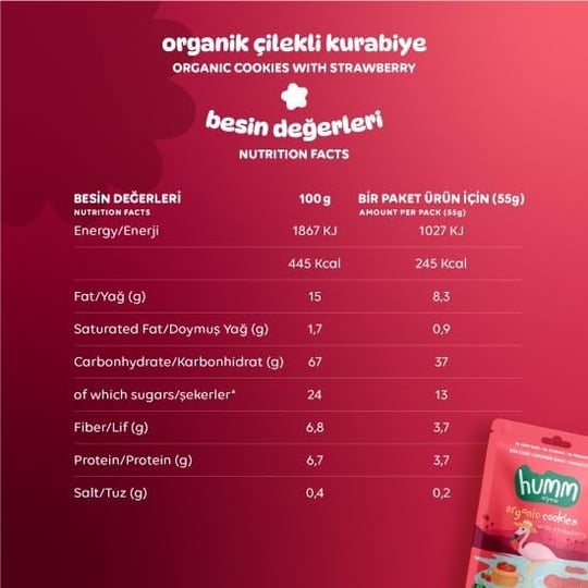 Humm Organic Organik Vegan Çilekli Kurabiye - 55g