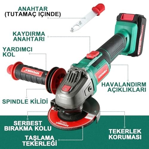 HYCHIKA akülü açılı taşlama makinesi 18 V, disk çapı 115 mm, rölanti devri: 8500 dev/dak, kesme diski akülü açılı taşlama makinesi, kesme ve taşlama için, kilitleme şalteri
