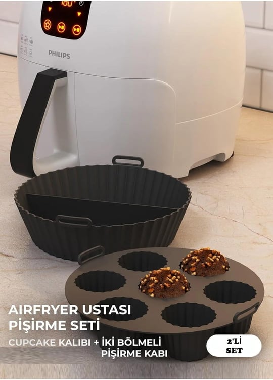 Hyd 2Li Set Silikon Airfryer Iki Bölmeli Pişirme Kabı Ve Cupcake Kabı Aksesuar