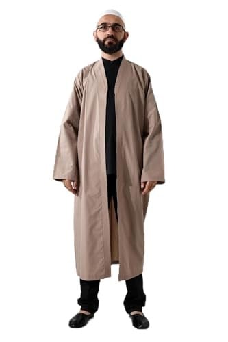 İhvan Online Bej Erkek Namaz Elbisesi V Yaka Düğmesiz Önü Açık Namaz Cübbesi