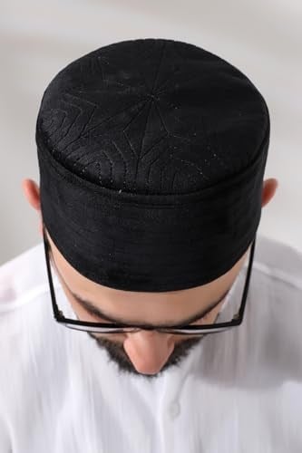 İhvan Online Siyah Kapitone Desenli Kadife Kalıp Namaz Takkesi