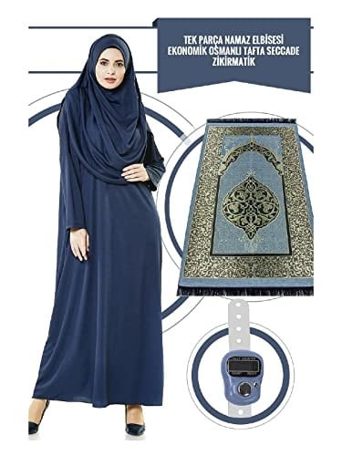 İhvan Online Tek Parça Namaz Elbisesi - Lacivert - 5015 ve Seccade ve Zikirmatik - Üçlü Takım Lacivert Battal