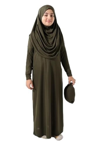 Ihvan Online Tek Parça Pratik Başörtülü Çocuk Namaz Elbisesi Haki