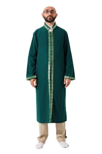 İhvan Online Yeşil Erkek Namaz Elbisesi İşlemeli Hakim Yaka İmam Cübbesi