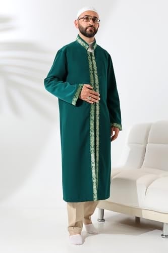 İhvan Online Yeşil Erkek Namaz Elbisesi İşlemeli Hakim Yaka İmam Cübbesi