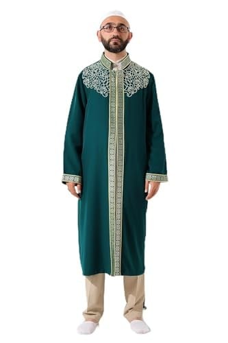 İhvan Online Yeşil Hakim Yaka Erkek Namaz Elbisesi Şerit Nakış İşlemeli İmam Cübbesi