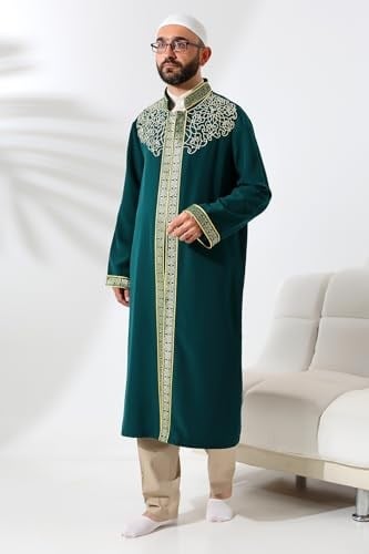 İhvan Online Yeşil Hakim Yaka Erkek Namaz Elbisesi Şerit Nakış İşlemeli İmam Cübbesi