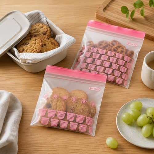 Ikea ISTAD 2.5L ve 1.2L Orta Boy Çift Mühürlü Dondurucu Gıda Torbaları, Kırmızı/Pembe Baskı, 1qt ve 3qt, 805.256.74 - 100 Torbalık Set