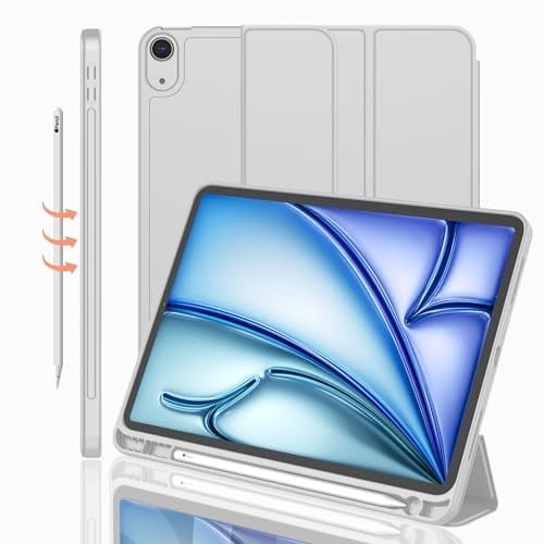 iMieet iPad Air 11 İnç Kılıf M3(2025) / M2 (2024), iPad Air 5. / 4. Nesil Kılıf 2022/2020 10,9 İnç Kalem Tutuculu, Yumuşak TPU Arka Kısımlı Üç Katlı Akıllı Kılıf (Açık Gri)