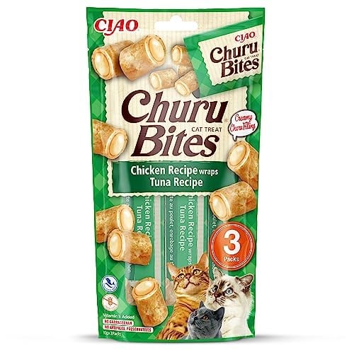 INABA Churu Isırıkları - El Besleme için Kedi Tedavileri - Kremsi Dolgulu Çıtır Torbalar - Ton balığı