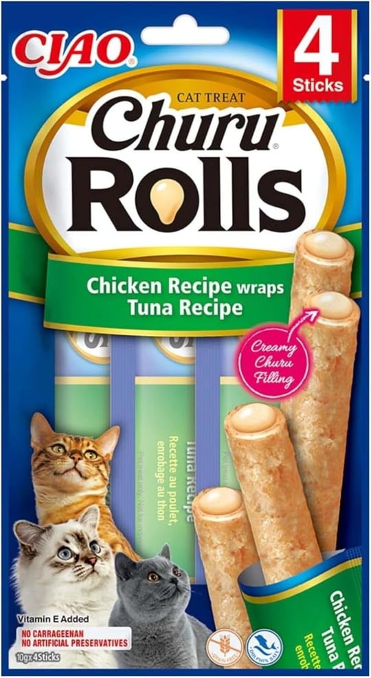 INABA Churu Rolls kedi ödül kurabiyeleri,%88 nemli, sağlıklı atıştırmalıklar, tavuk, ton balığı ve deniz tarağı içeren doğal malzemeler, 40 g (1li paket), birinci sınıf kalitede kedi