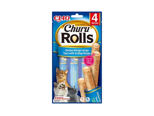 INABA Churu Rolls kedi ödül kurabiyeleri,%88 nemli, sağlıklı atıştırmalıklar, tavuk, ton balığı ve deniz tarağı içeren doğal malzemeler, 40 g (1li paket), birinci sınıf kalitede kedi
