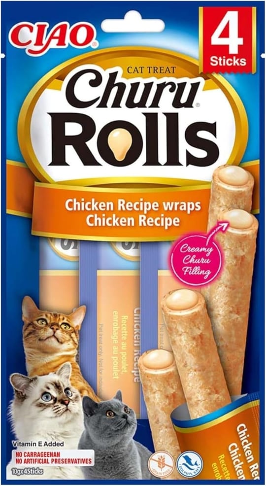 INABA Churu Rolls kedi ödül kurabiyeleri,%88 nemli, sağlıklı atıştırmalıklar, tavuk, ton balığı ve deniz tarağı içeren doğal malzemeler, 40 g (1li paket), birinci sınıf kalitede kedi