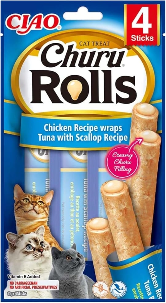INABA Churu Rolls kedi ödül kurabiyeleri,%88 nemli, sağlıklı atıştırmalıklar, tavuk, ton balığı ve deniz tarağı içeren doğal malzemeler, 40 g (1li paket), birinci sınıf kalitede kedi