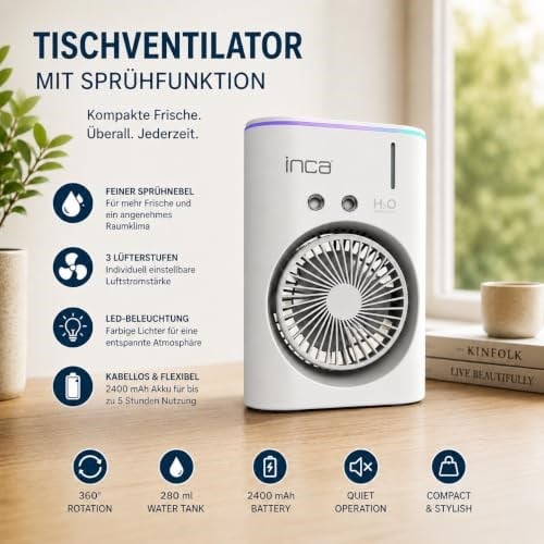 Inca IMF-10B Şarj Edilebilir 2400 mAh Taşınabilir Buzlu Su Hazneli Soğutucu Renkli Işıklı Masa Fanı Masaüstü Fan 6 İnch 360 Döner Püskürtme Kanalları 2 Çalışma Süresi 3-5 Saat Su Tank Kapasitesi 280Ml