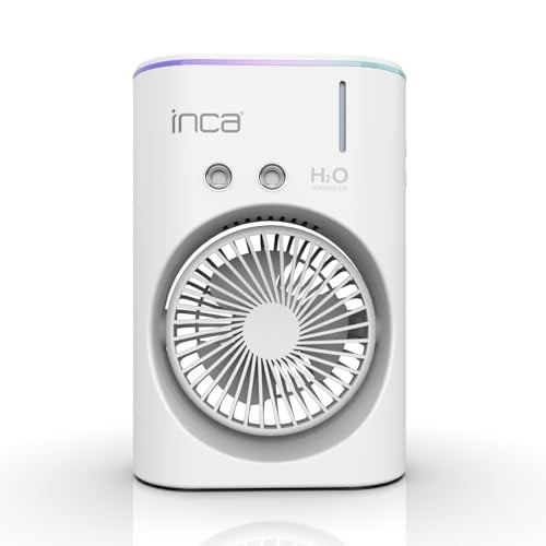 Inca IMF-10B Şarj Edilebilir 2400 mAh Taşınabilir Buzlu Su Hazneli Soğutucu Renkli Işıklı Masa Fanı Masaüstü Fan 6 İnch 360 Döner Püskürtme Kanalları 2 Çalışma Süresi 3-5 Saat Su Tank Kapasitesi 280Ml