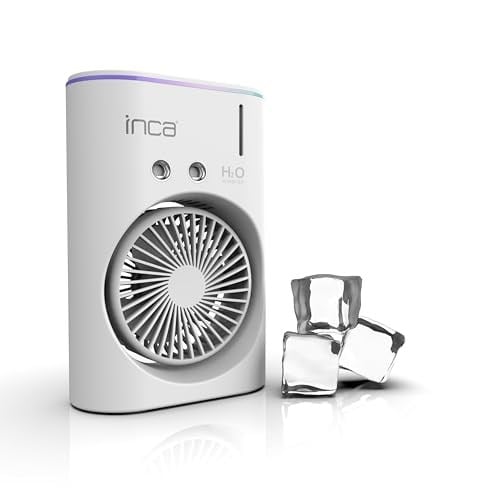 Inca IMF-10B Şarj Edilebilir 2400 mAh Taşınabilir Buzlu Su Hazneli Soğutucu Renkli Işıklı Masa Fanı Masaüstü Fan 6 İnch 360 Döner Püskürtme Kanalları 2 Çalışma Süresi 3-5 Saat Su Tank Kapasitesi 280Ml
