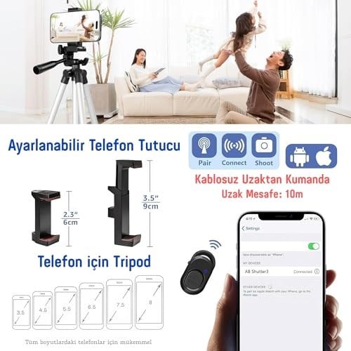 Infomax Telefon Tripodu – 33-110cm Katlanabilir Tripod Telefon Tutucu, 360° Döner Başlık, Bluetooth Kumandalı Selfie Çubuğu, iOS/Android Uyumlu, Kamera ve GoPro ile Kullanılabilir