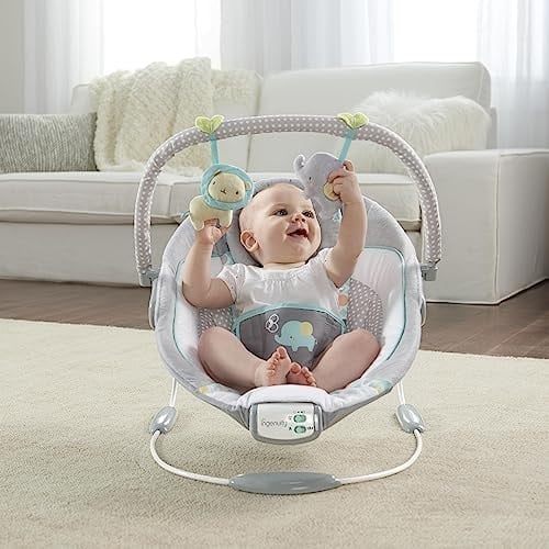Ingenuity Rahatlatıcı Ana kucağı Bebek Koltuğu, Sesler ve Titreşimler, 0-6 Ay, 9 kga Kadar - Morrison, Fil/Aslan Oyuncaklı (Gri/Mavi)