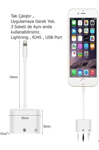 Iphone 7 8 X 11 11 Pro 12 13 13 14 Pro Max ile uyumlu ve Ipad Uyumlu Usb Ethernet Lightning Şarj Adaptörü 3in1