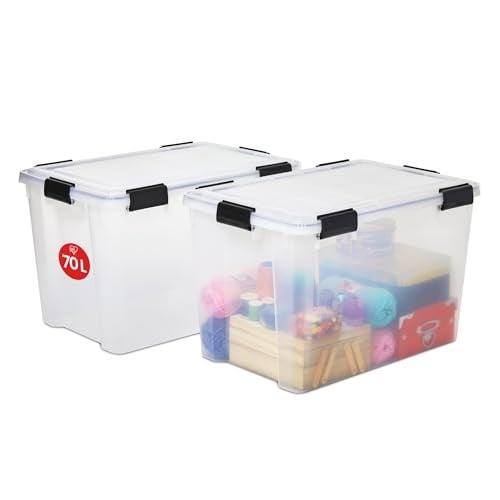 Iris Ohyama, 2li set hava geçirmez saklama kutusu – All-Weather AT-LD – plastik, şeffaf, 2 x 70 l, U 59 x G 39 x Y 38 cm