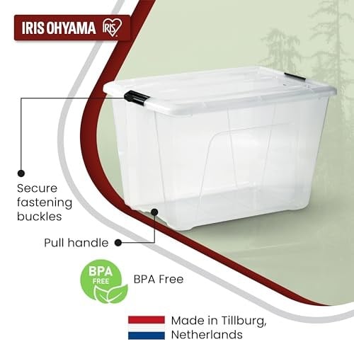 Iris Ohyama Kapaklı Saklama Kutuları, 60L, 4lü Set, Şeffaf, Güvenli Tokalar, İstiflenebilir, Çekme Kulpları, Yatak Odası, Dolap, Ofis, Organizasyon İçin, BPA İçermeyen Plastik, Giysi Çantası, NTB-60