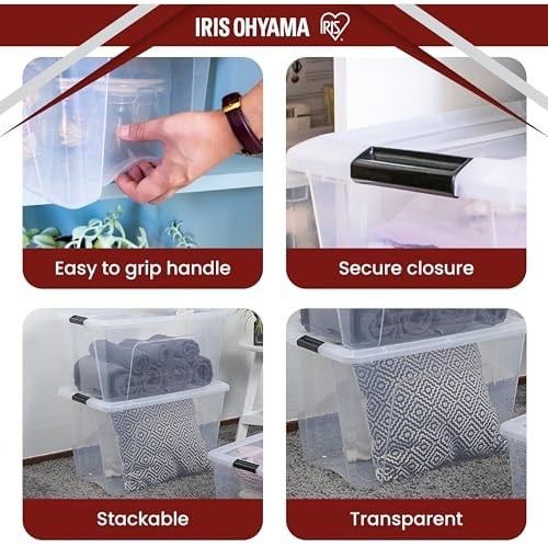 Iris Ohyama Kapaklı Saklama Kutuları, 60L, 4lü Set, Şeffaf, Güvenli Tokalar, İstiflenebilir, Çekme Kulpları, Yatak Odası, Dolap, Ofis, Organizasyon İçin, BPA İçermeyen Plastik, Giysi Çantası, NTB-60