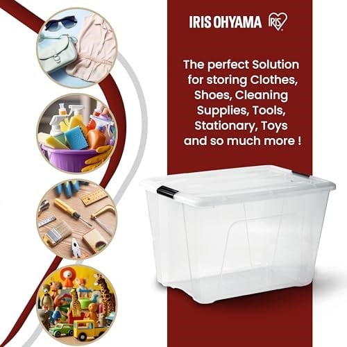 Iris Ohyama Kapaklı Saklama Kutuları, 60L, 4lü Set, Şeffaf, Güvenli Tokalar, İstiflenebilir, Çekme Kulpları, Yatak Odası, Dolap, Ofis, Organizasyon İçin, BPA İçermeyen Plastik, Giysi Çantası, NTB-60