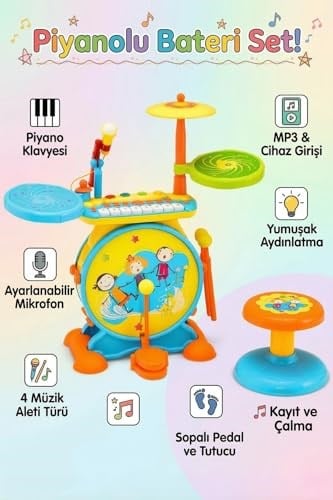 Işıklı Piyanolu Bateri Seti - Mikrofonlu, Tabureli ve MP3 Bağlantılı Çocuk Müzik Eğitim Seti