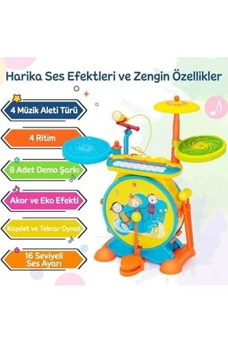Işıklı Piyanolu Bateri Seti - Mikrofonlu, Tabureli ve MP3 Bağlantılı Çocuk Müzik Eğitim Seti