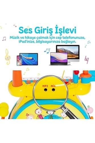 Işıklı Piyanolu Bateri Seti - Mikrofonlu, Tabureli ve MP3 Bağlantılı Çocuk Müzik Eğitim Seti