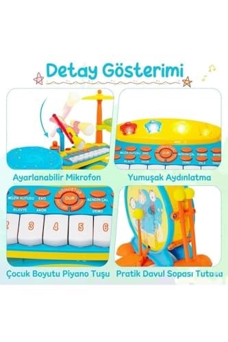 Işıklı Piyanolu Bateri Seti - Mikrofonlu, Tabureli ve MP3 Bağlantılı Çocuk Müzik Eğitim Seti