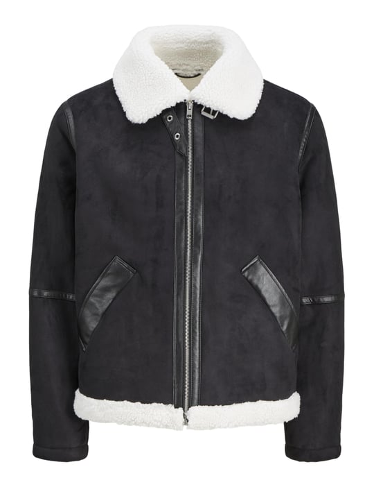 JACK & JONES JJCOLE AVIATOR JACKET Erkek Mont/Ceket Black Detail:ANTIQUE WHITE TEDDY L L