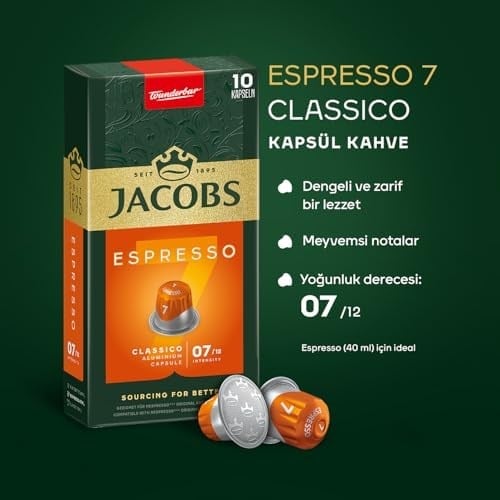 JACOBS - Espresso 7 Classico - Orta Yoğunluk - Dengeli ve Meyvemsi - Espresso Kapsülleri - 10 alüminyum kapsül x 10 Adet