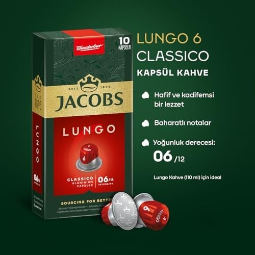 JACOBS - Lungo 6 Classico - Orta Yoğunluk - Hafif ve Kadifemsi - Espresso Kapsülleri - 10 alüminyum kapsül