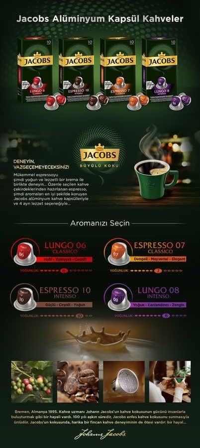 Jacobs Lungo Intenso 8 Kapsül Kahve 10 x 10 Paket (100 Adet) Nespresso Uyumlu